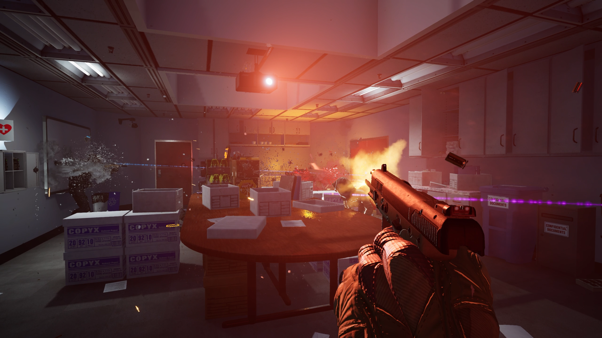Firing a handgun at enemies.
