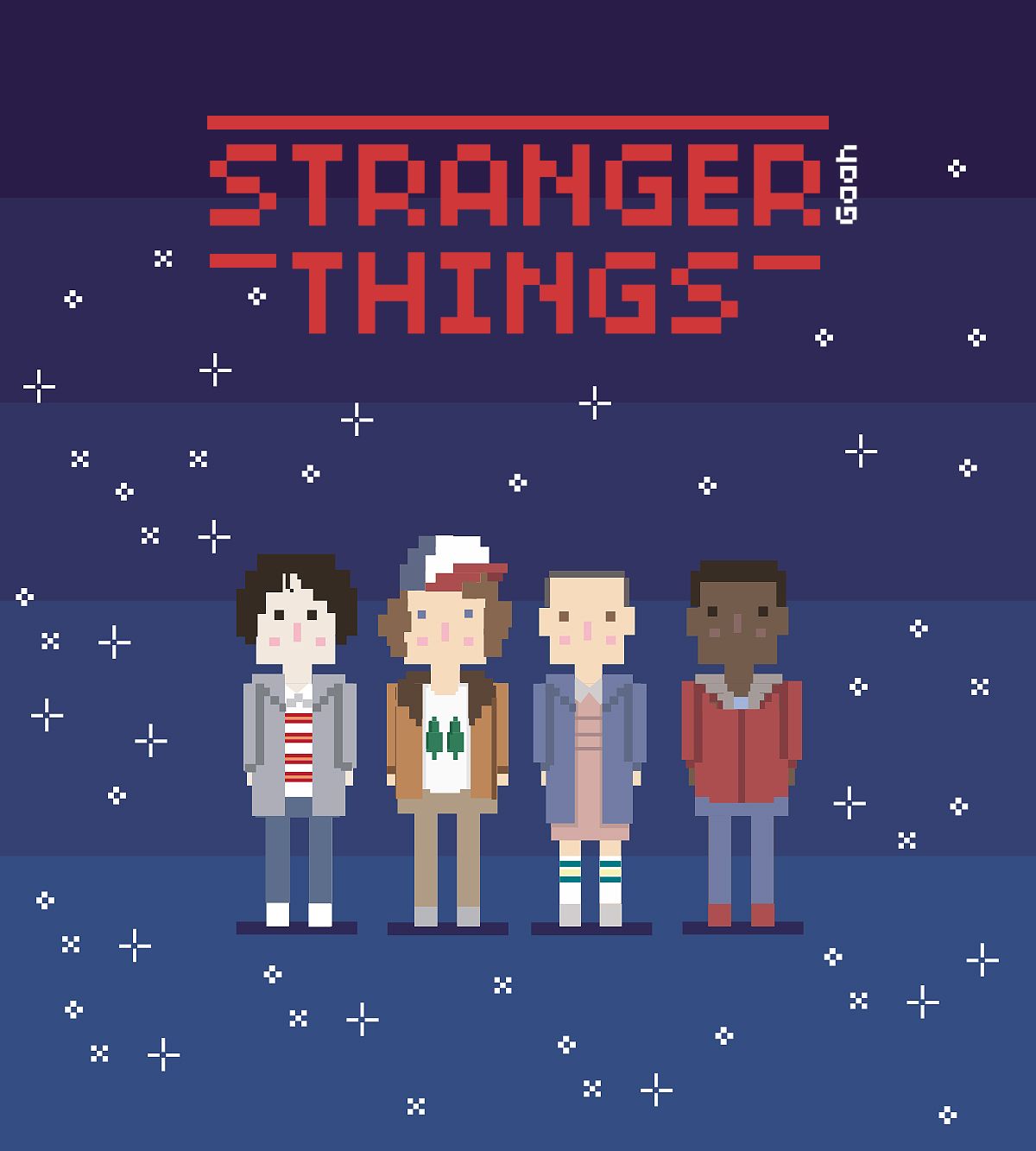 Mike, Dustin, Eleven and Lucas get the pixel treatment
