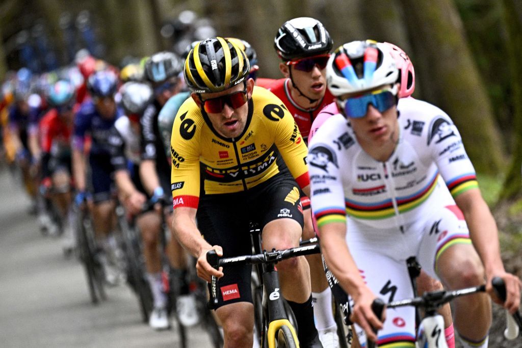 Belgian Tiesj Benoot of JumboVisma pictured in action during and Belgian Remco Evenepoel of Soudal QuickStep pictured in action during the men elite race of the LiegeBastogneLiege one day cycling event 2585km from Liege over Bastogne to Liege Sunday 23 April 2023 BELGA PHOTO JASPER JACOBS Photo by JASPER JACOBS BELGA MAG Belga via AFP Photo by JASPER JACOBSBELGA MAGAFP via Getty Images