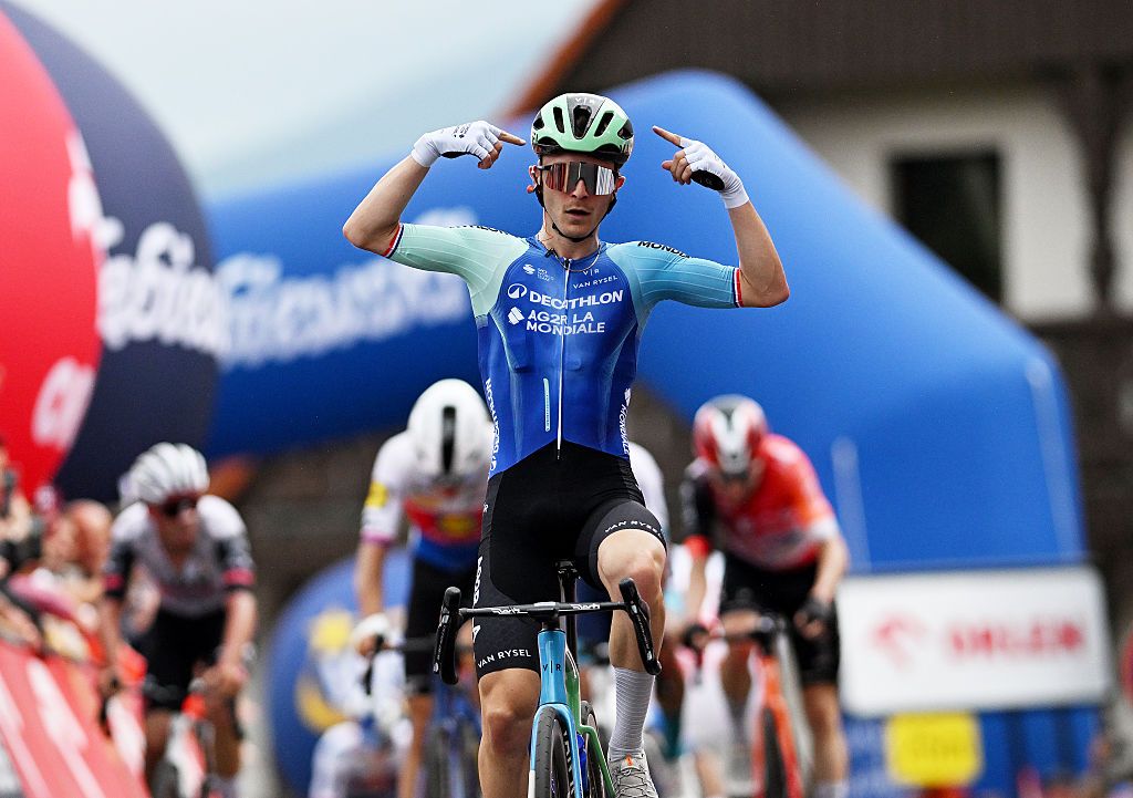 KARPACZ, POLAND - AUGUST 05: Paul Lapeira of France and Team Decathlon AG2R La Mondiale celebrates at finish line as stage winner during the 82nd Tour de Pologne 2025, Stage 2 a 149.4km stage from Hotel Golebiewski Karpacz to Karpacz / #UCIWT / on August 05, 2025 in Karpacz, Poland. (Photo by Luc Claessen/Getty Images)