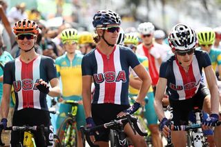 Megan Guarnier, Kristin Armstrong and Mara Abbott (USA) at the start of the Olympic Games road race
