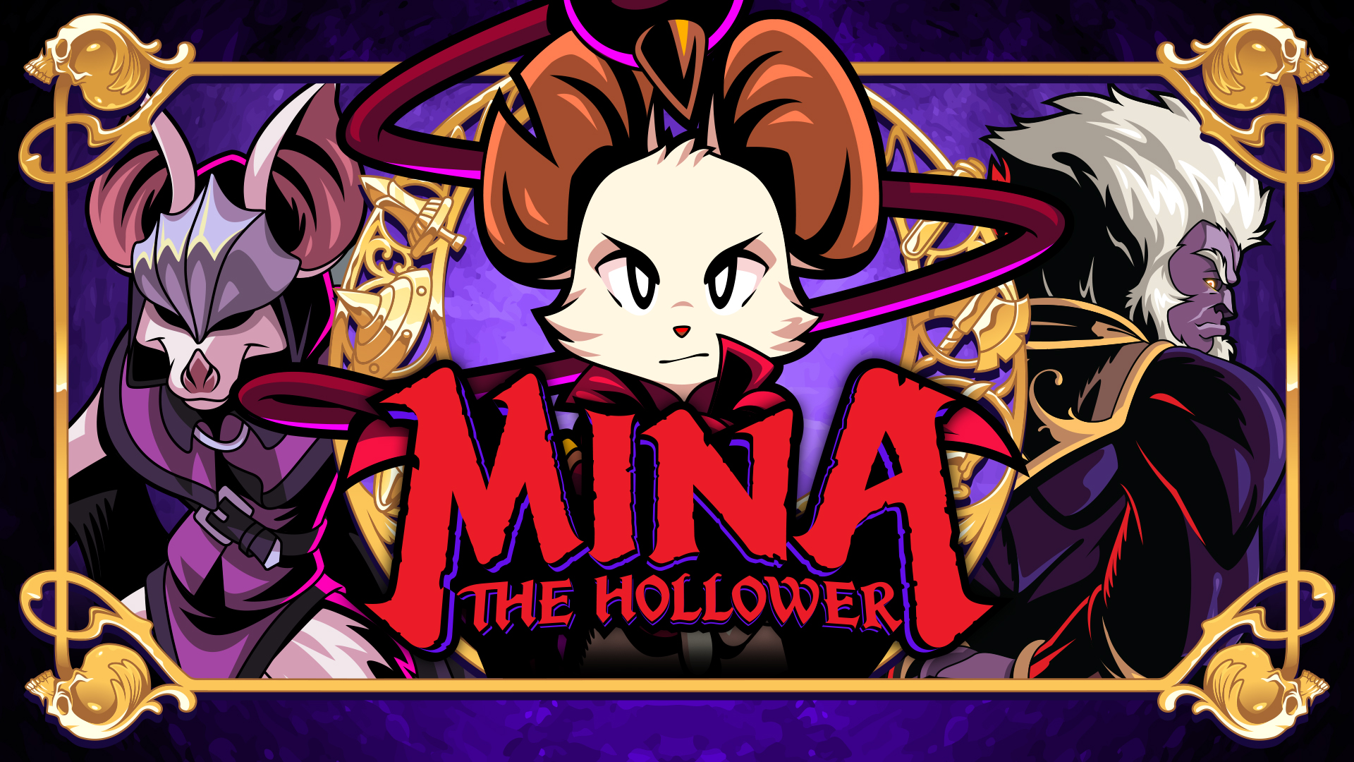 Mina the Hollower key art featuring Mina in the middle with characters to the right and left
