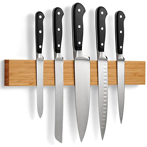 Magnetic Knife Rack in Bamboo With Extra-Strong Magnet - 40 Cm - Magnetic Knife Holder for Wall for Knives, Utensils and Tools - by Larhn