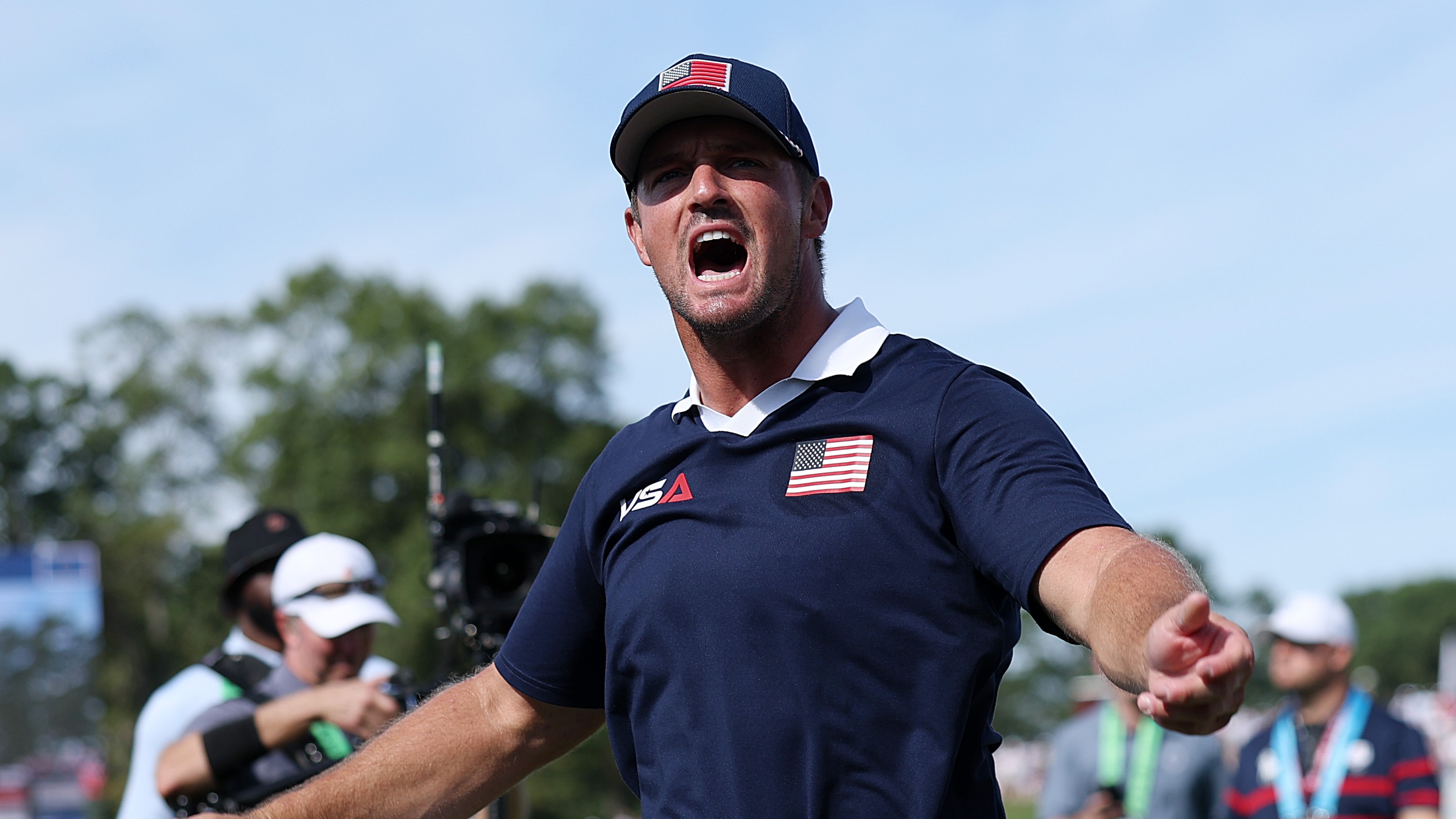 DeChambeau celebrating the USA's morning victory on day 2 of the Ryder Cup