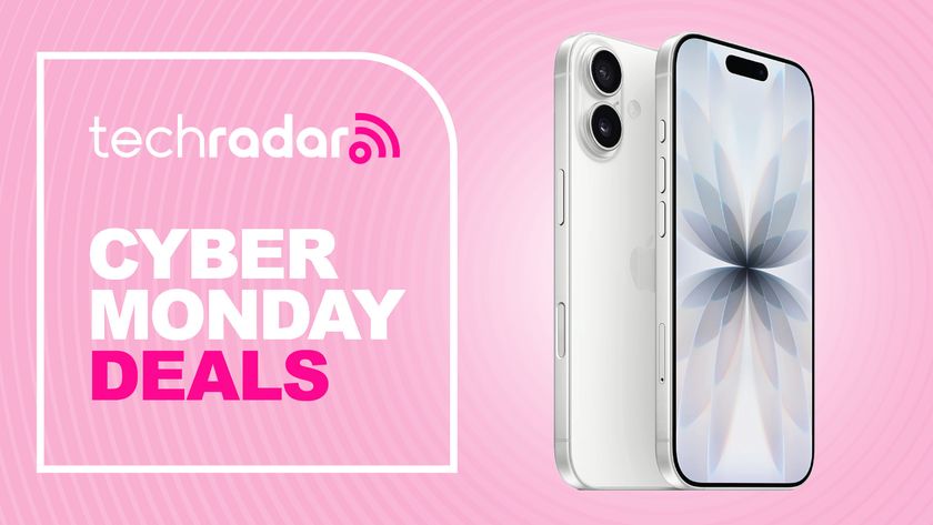 Apple iPhone 17 on pink background with TechRadar Cyber Monday deals text overlay