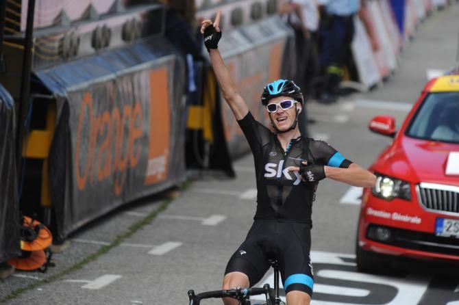 Chris Froome (Sky) shows his appreciation for his team's work on the stage.