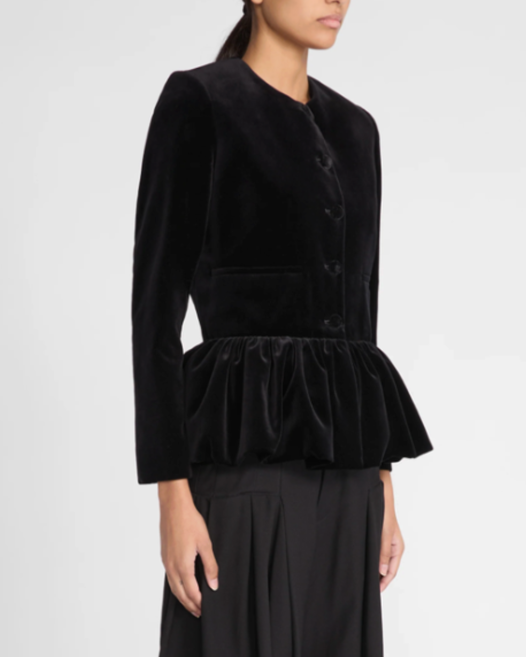 LIBEROWE, Velvet Peplum Jacket in Midnight Black