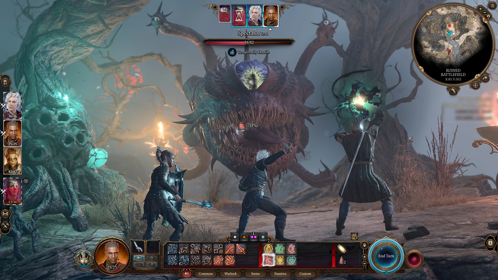 Wyll, Shadowheart, and Astarion fight against a big Spector enemy, which is a round orb-like creature with one big eye and tentacle-like eye stalks jutting from its body eyes in Baldur's Gate 3