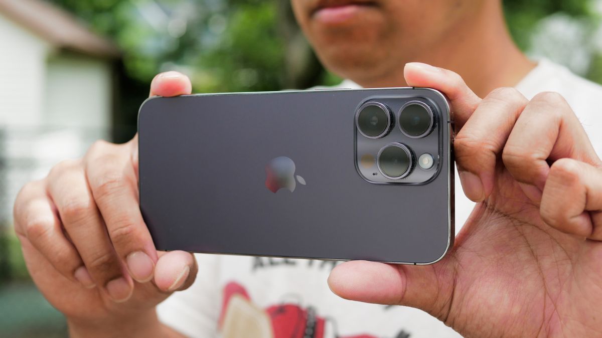 Closeup of Apple iPhone 14 Pro Max cameras.