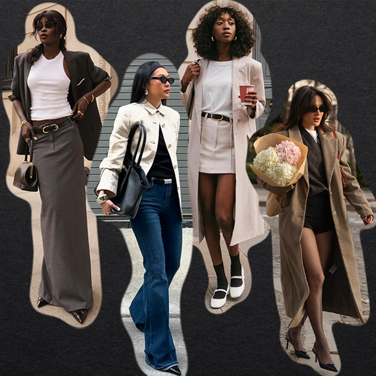 a collage of women wearing classic outfit ideas