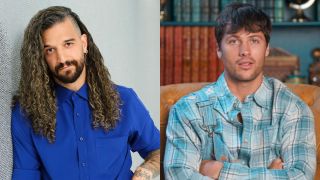 From L to R: Mark Ballas leaning on the wall for DWTS Season 34 promo, Rob Rausch talking to the camera on The Traitors Season 4.