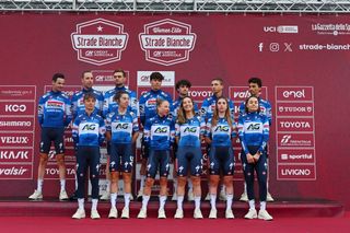 SIENA, ITALY - MARCH 01: A general view of Ashleigh Moolman-Pasio of South Africa, Mireia Benito of Spain, Julia Borgstrom of Sweden, Justine Ghekiere of Belgium, Kim Le Court-Pienaar of Mauritius, Gaia Masetti of Italy and AG Insurance-Soudal Team and Julian Alaphilippe of France, Kasper Asgreen of Denmark, Josef Cerny of Czech Republic, Antoine Huby of France, Paul Magnier of France, Pieter Serry of Belgium, Mauri Vansevenant of Belgium and Team Soudal - Quick Step during the Strade Bianche 2024, Team Presentation / #UCIWT / #UCIWWT / on March 01, 2024 in Siena, Italy. (Photo by Luc Claessen/Getty Images)