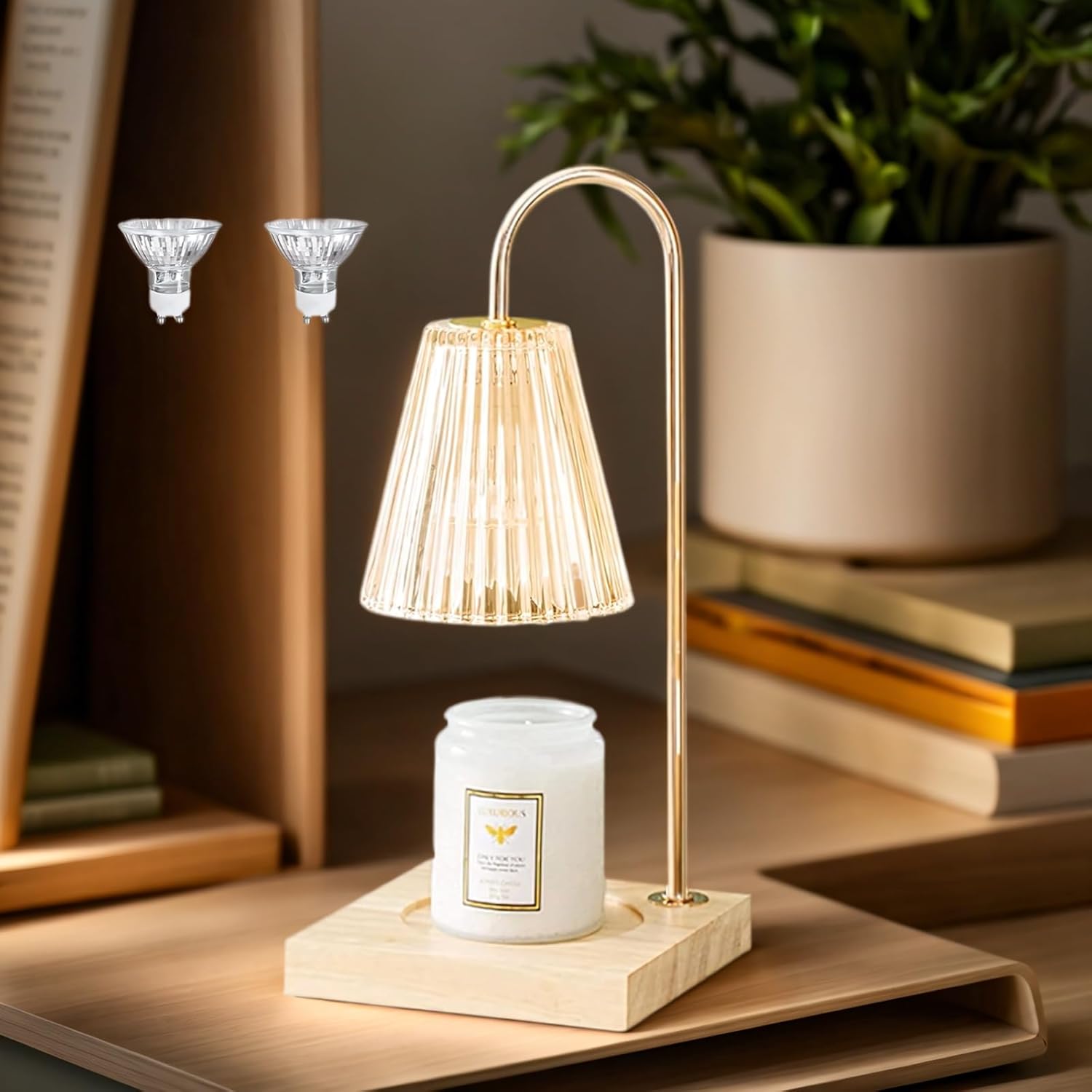 Okyuk Electric Candle Warmer Lamp &amp;ndash; Dimmable Wax Melter With 3 Timer Settings, 2 Halogen Bulbs &amp;amp; Solid Wood Base, Champagne Finish, Mothers Day Gifts for Mom&amp;#65292;birthday, Home Decor&amp;#65288;champagne Timer&amp;#65289;