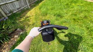 Worx WG743 POWER SHARE 40-Volt 17 in. Cordless Mower being tested in writer's home