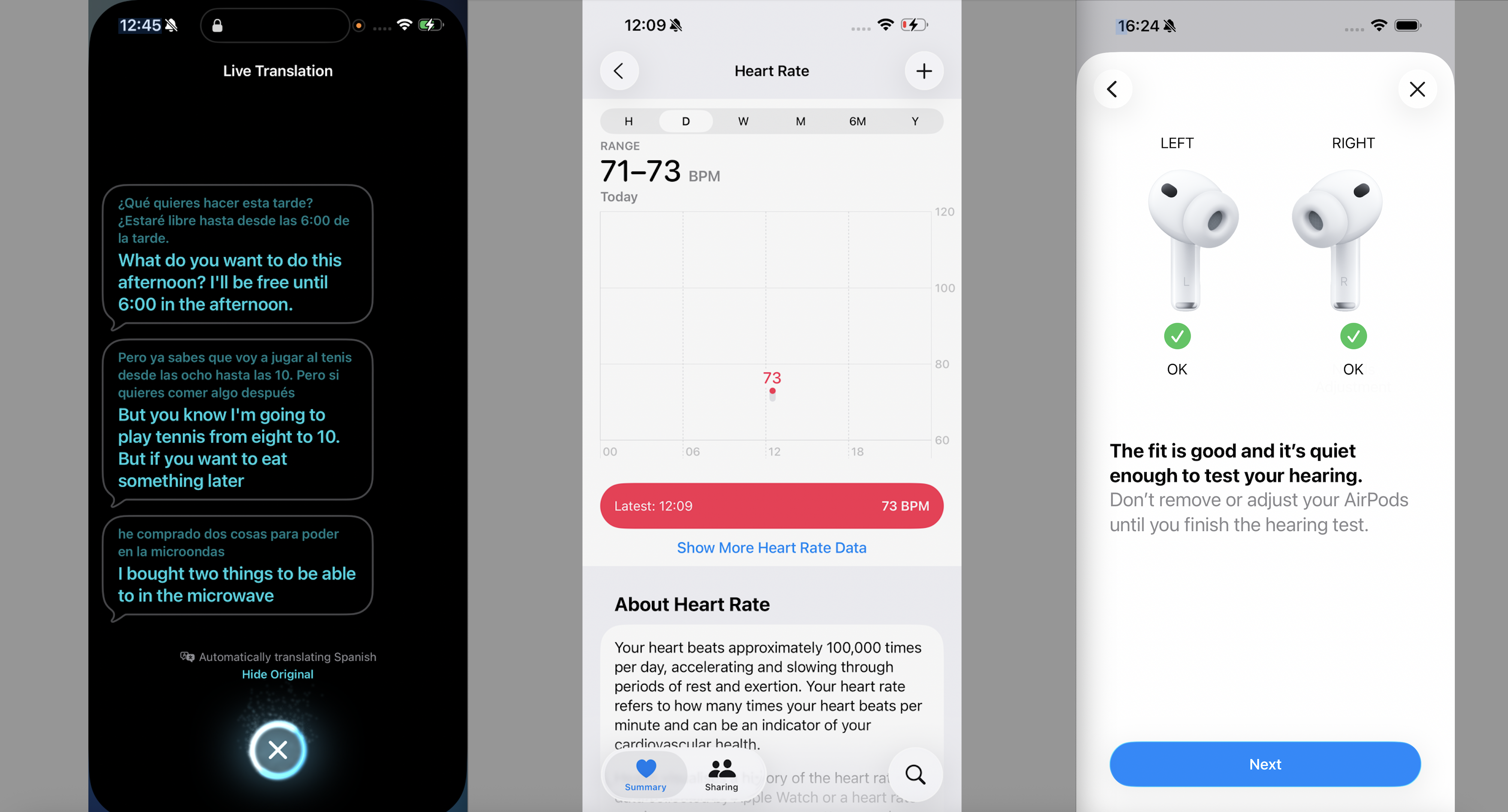 AirPods Pro 3 three screen grabs showing translation on the left, heart-rate in the center and the fit test on the right