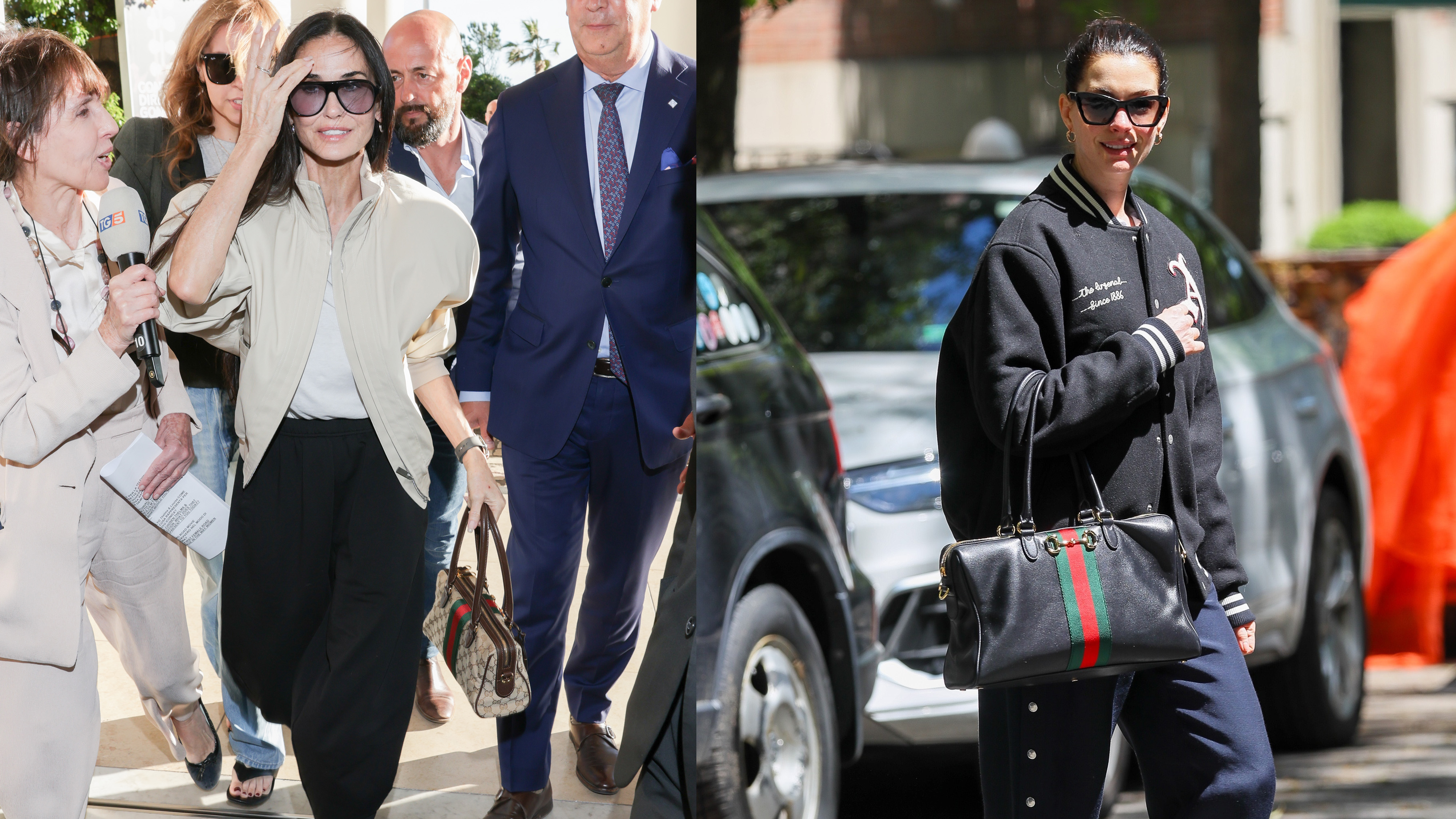 Demi moore wears a beige jacket with black pants and the borsetto bag. Anne hathaway wears a black jacket, navy pants, and the gucci borsetto bag.