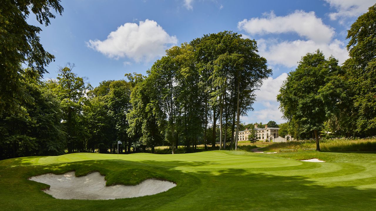 Goodwoods Downs course 18th hole and Kennels clubhouse