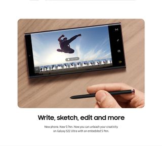 A leaked piece of Samsung Galaxy S22 promotional material, showing the Galaxy S22 Ultra with its S Pen stylus
