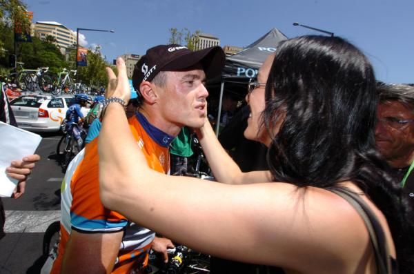 Gerrans gets a kiss from his wife Rhana.
