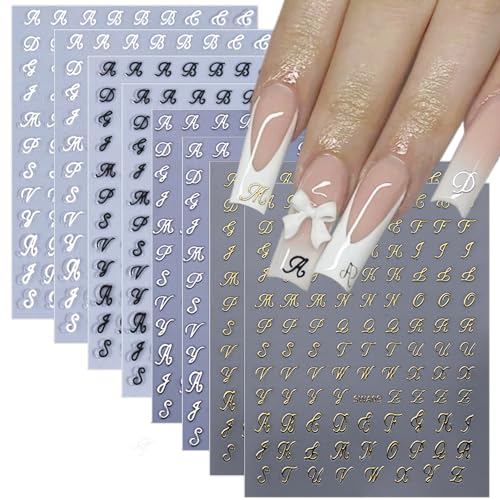 8 Sheets Retro English Letters Nail Stickers for Nail Art 3d Self-Adhesive Black White Gold Silver Design Nail Decals Pegatinas U&amp;ntilde;as Personalized Letter Nail Art Stickers for Women Diy Manicure Tip