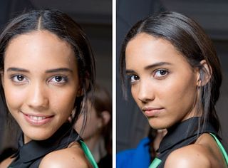 Model hairstyle is Basic centre-parted ponytails of straightened wisps