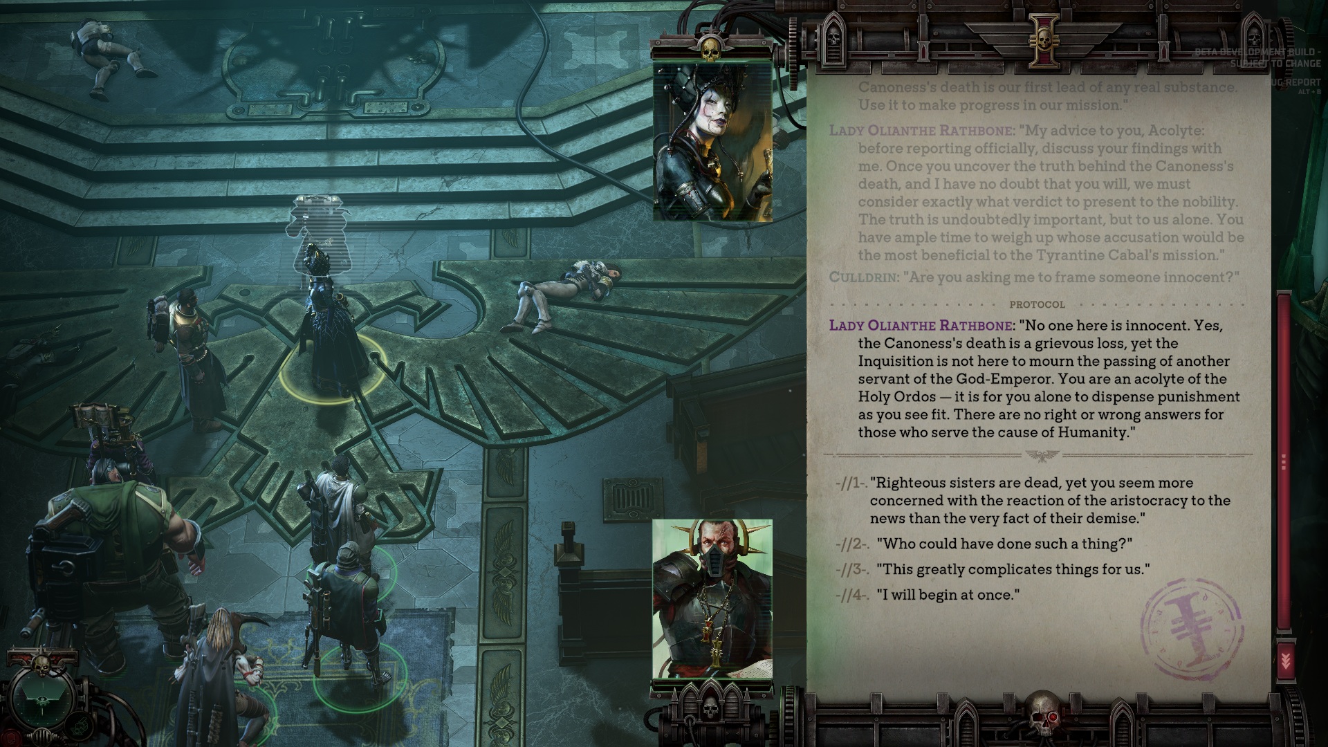 A video game interface displays a group of characters on a large, ornate bird emblem floor, with dialogue text to the right. The scene is strategic and tense.