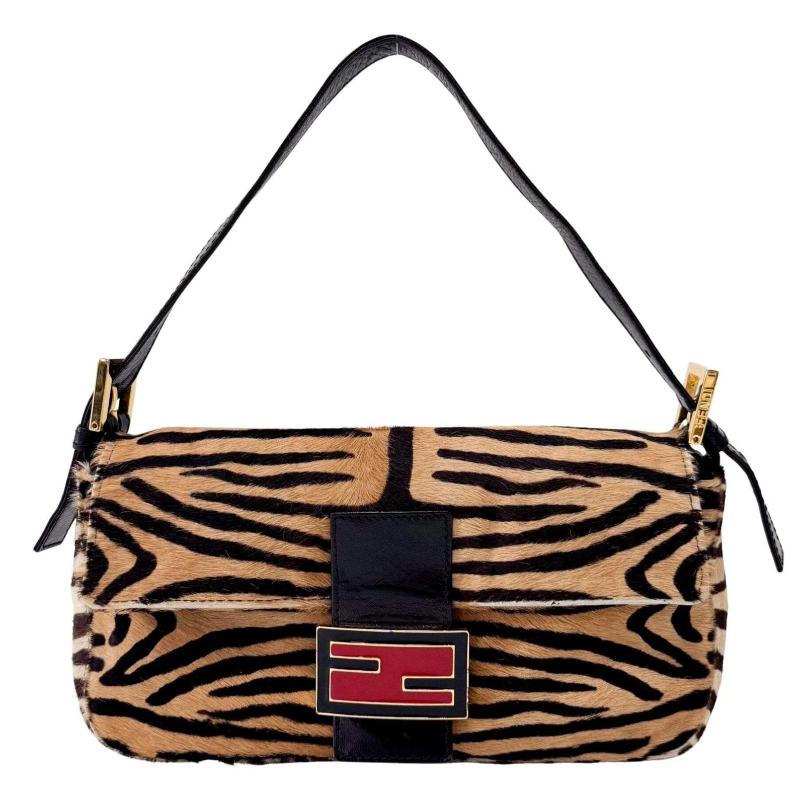 Fendi, Baguette Zebra Print Brown Pony Hair Shoulder Bag