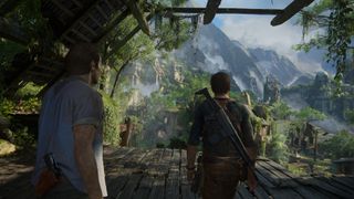 Uncharted: Legacy of Thieves Collection - Uncharted 4 - Sam and Nathan enter ancient village