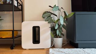 Matte white Sonos Sub 4 against a wall, next to a small plant