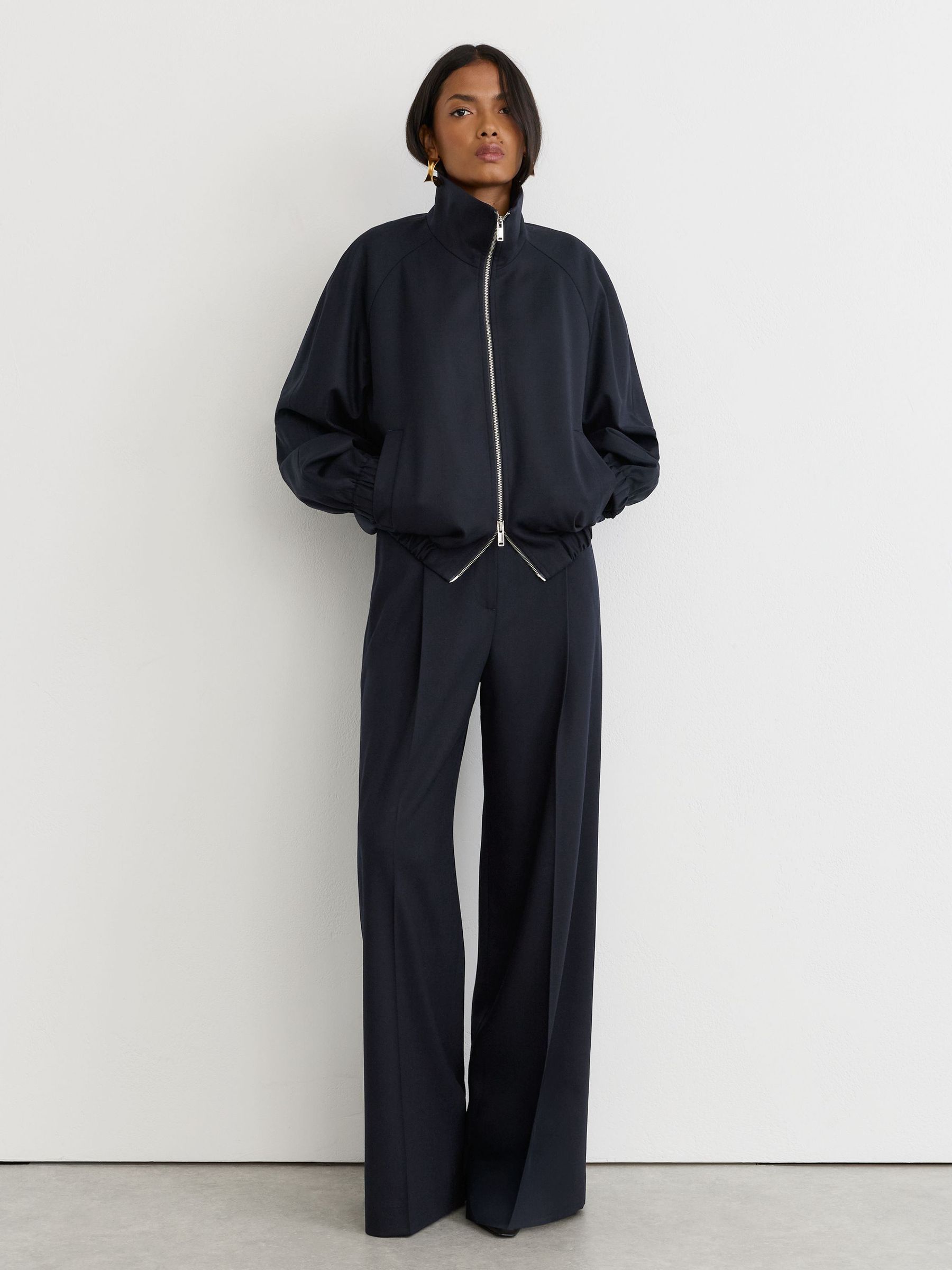 Wool-Blend Dual-Zip Bomber Jacket in Navy - Size 4