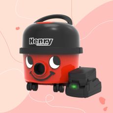 Henry HVB160 Cordless Cylinder Vacuum Cleaner on a pink background
