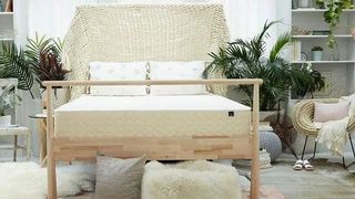 Saatva vs WinkBeds: image shows the WinkBeds EcoCloud mattress placed on a natural wood bedframe in a bohemian style bedroom
