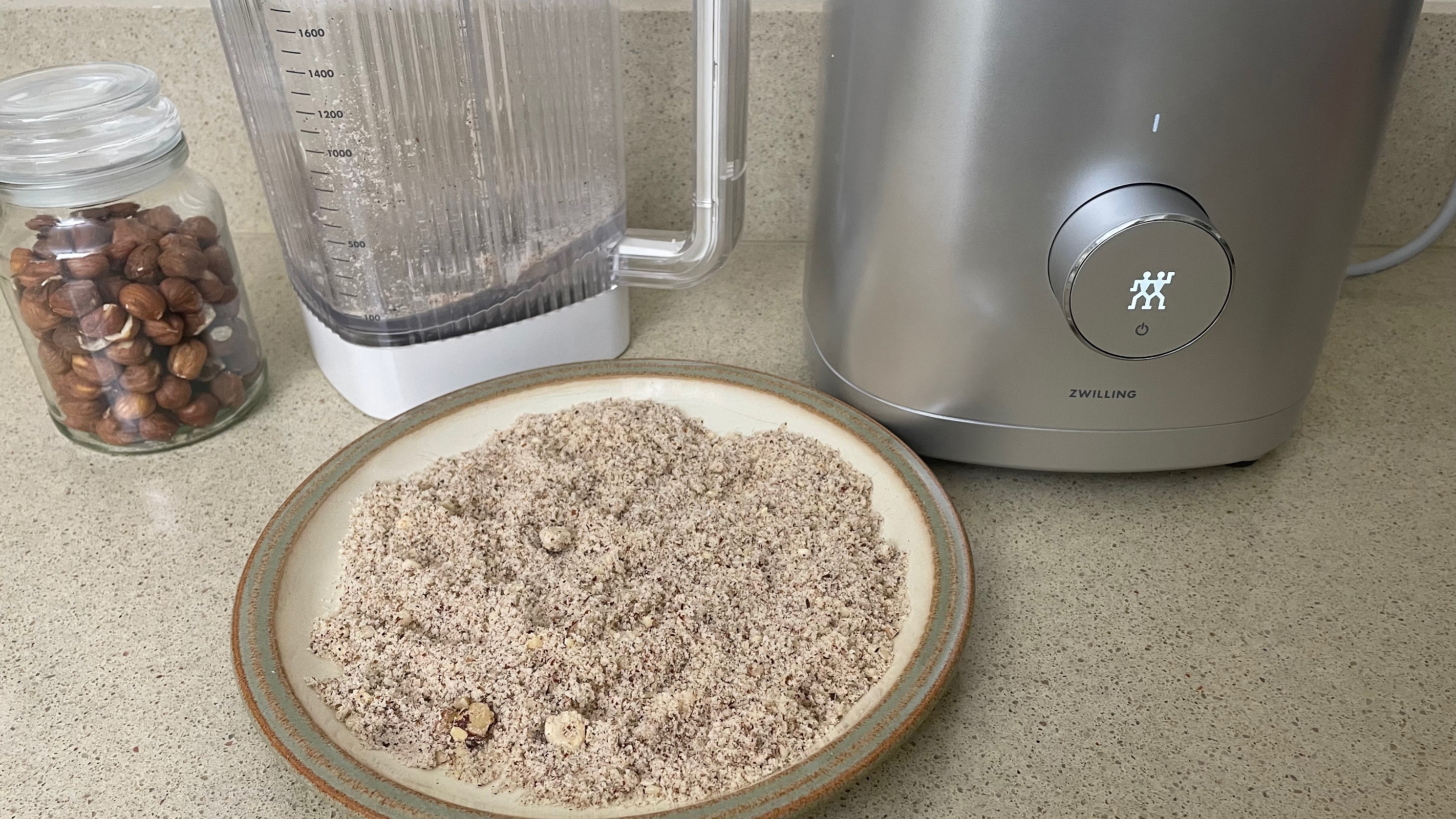 Using the  Zwilling Enfinigy Power Blender to chop hazelnuts was easy