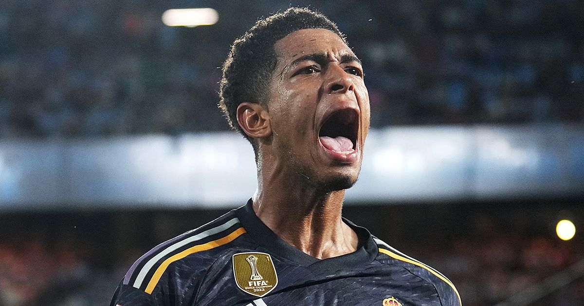 Jude Bellingham of Real Madrid celebrates after scoring the team&#039;s first goal during the LaLiga EA Sports match between Celta Vigo and Real Madrid CF at Estadio Balaidos on August 25, 2023 in Vigo, Spain.