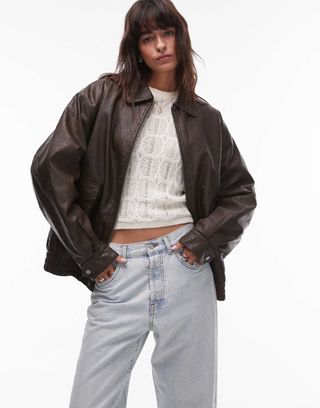 Topshop Textured Faux Leather Oversized Collar Bomber Jacket in Brown