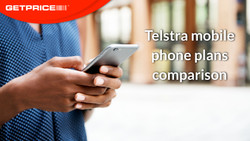 Image of womans hands holding mobile phone with Get Price header on top left corner with black text that says Telstra mobile phone plans comparison in black in bottom right corner