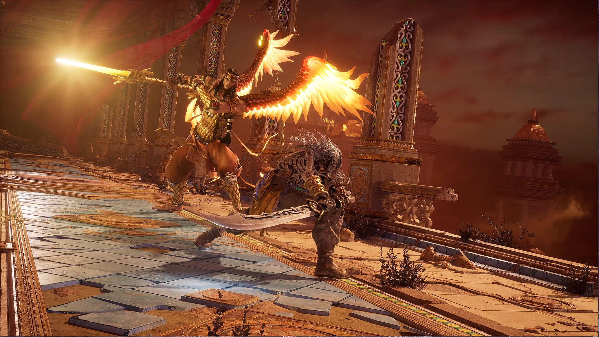 Promotional screenshot of The Cursed Sand battling an angelic warrior in Loulan: The Cursed Sand