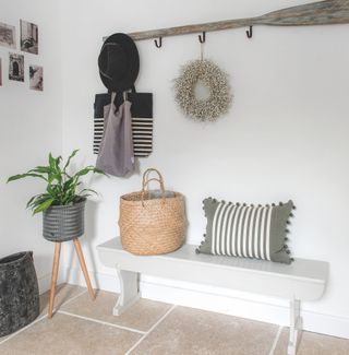 boot room with white wall and potted plant