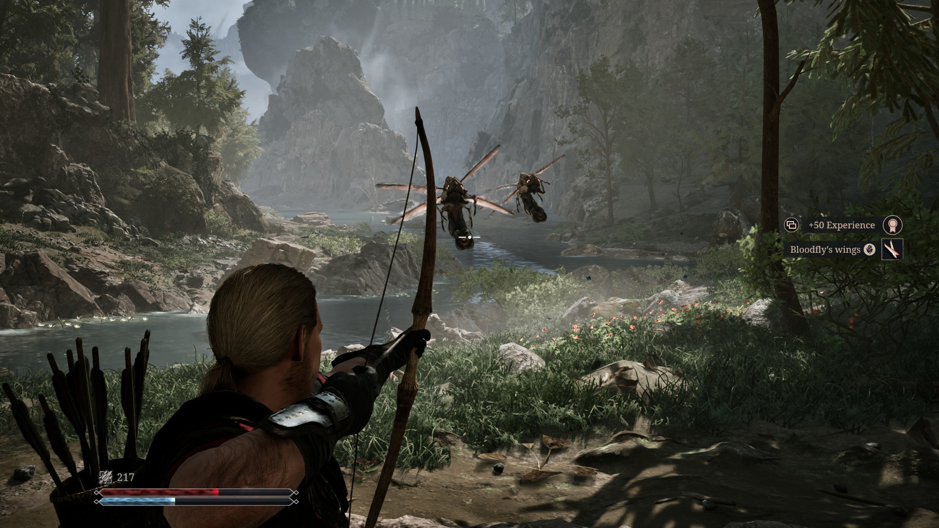 Fighting large flying bugs in Gothic 1 Remake using a bow and arrow near a river