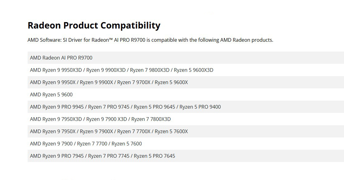 A list of AMD CPUs mentioned in a recent graphics driver update