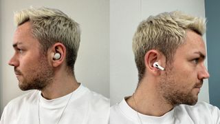 Side on view of Sony XM5 and AirPods Pro 2 fitted into ears