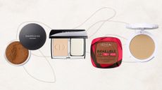 Collage of the best powder foundations featured in this guide from (left to right) bareMinerals, Dior L'Oreal and elf, set against an off-white background with an abstract fine line illustration