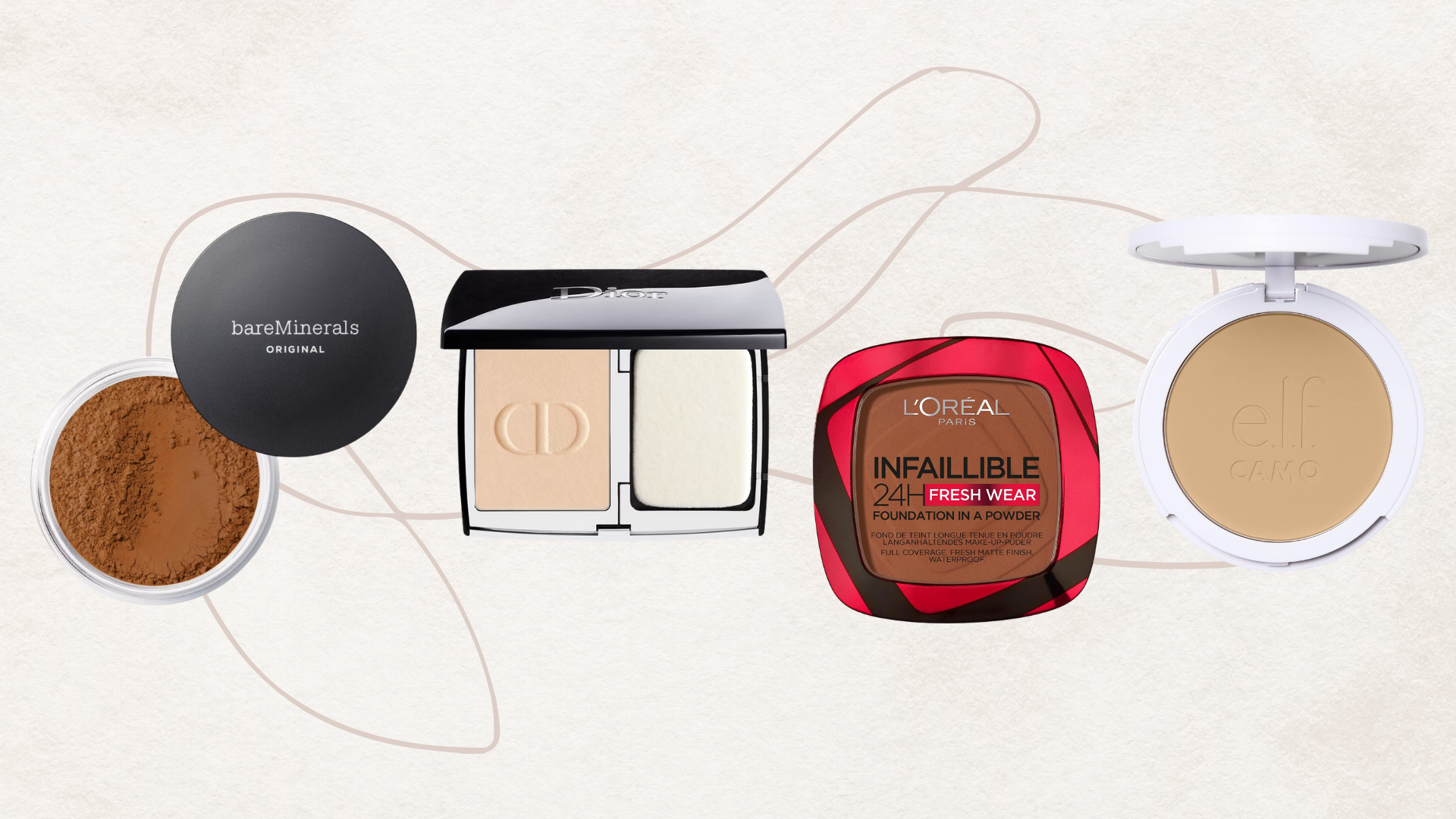Collage of the best powder foundations featured in this guide from (left to right) bareMinerals, Dior L'Oreal and elf, set against an off-white background with an abstract fine line illustration