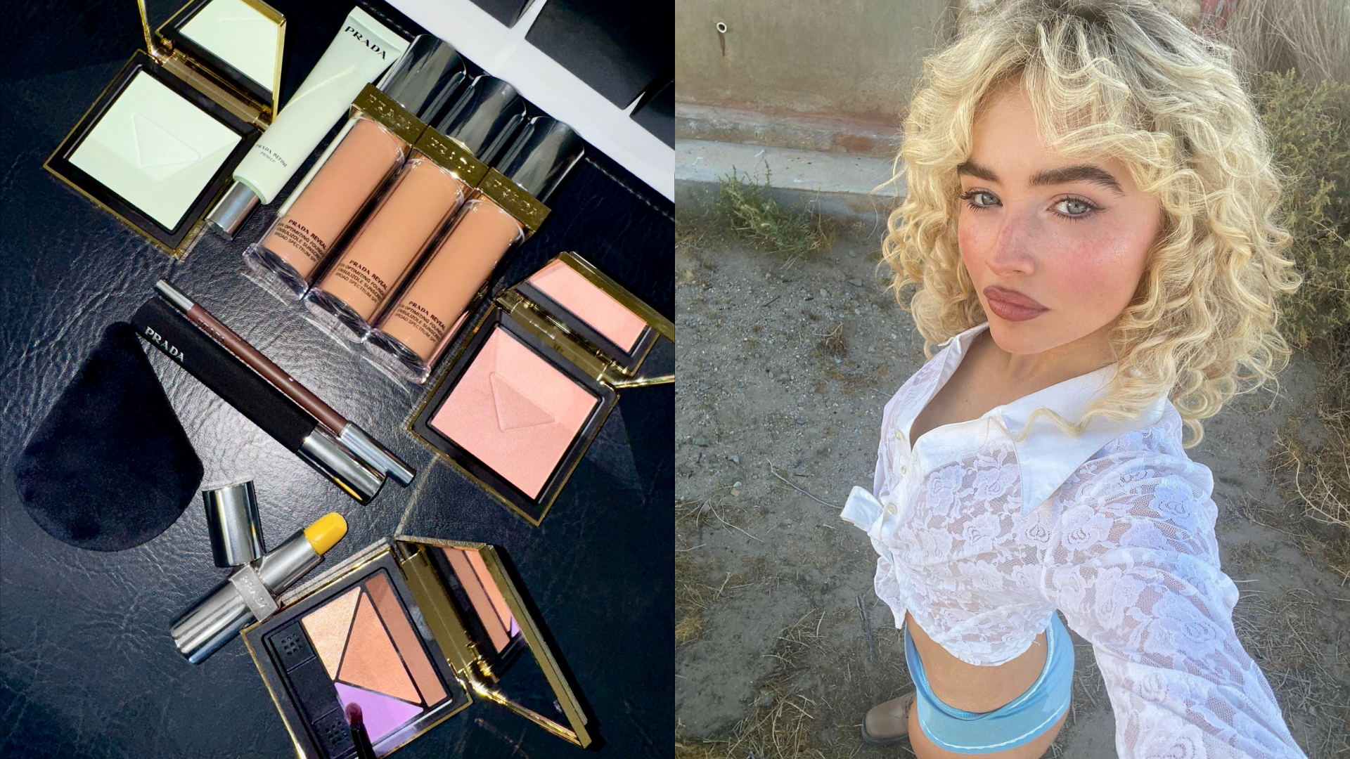 Collage of Prada Beauty products and a selfie of Sabrina Carpenter.