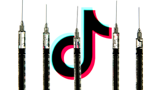 The TikTok logo behind a series of somewhat full syringes.