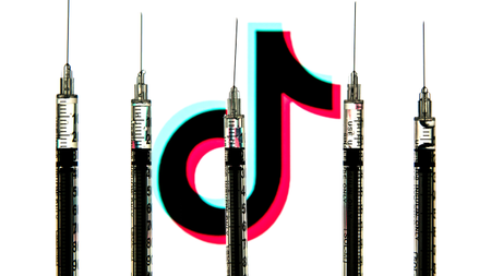 The TikTok logo behind a series of somewhat full syringes.