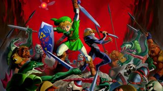 Ocarina of Time art of Link fighting off a bunch of monsters