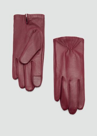 MANGO Leather Gloves With Ruched Detail 