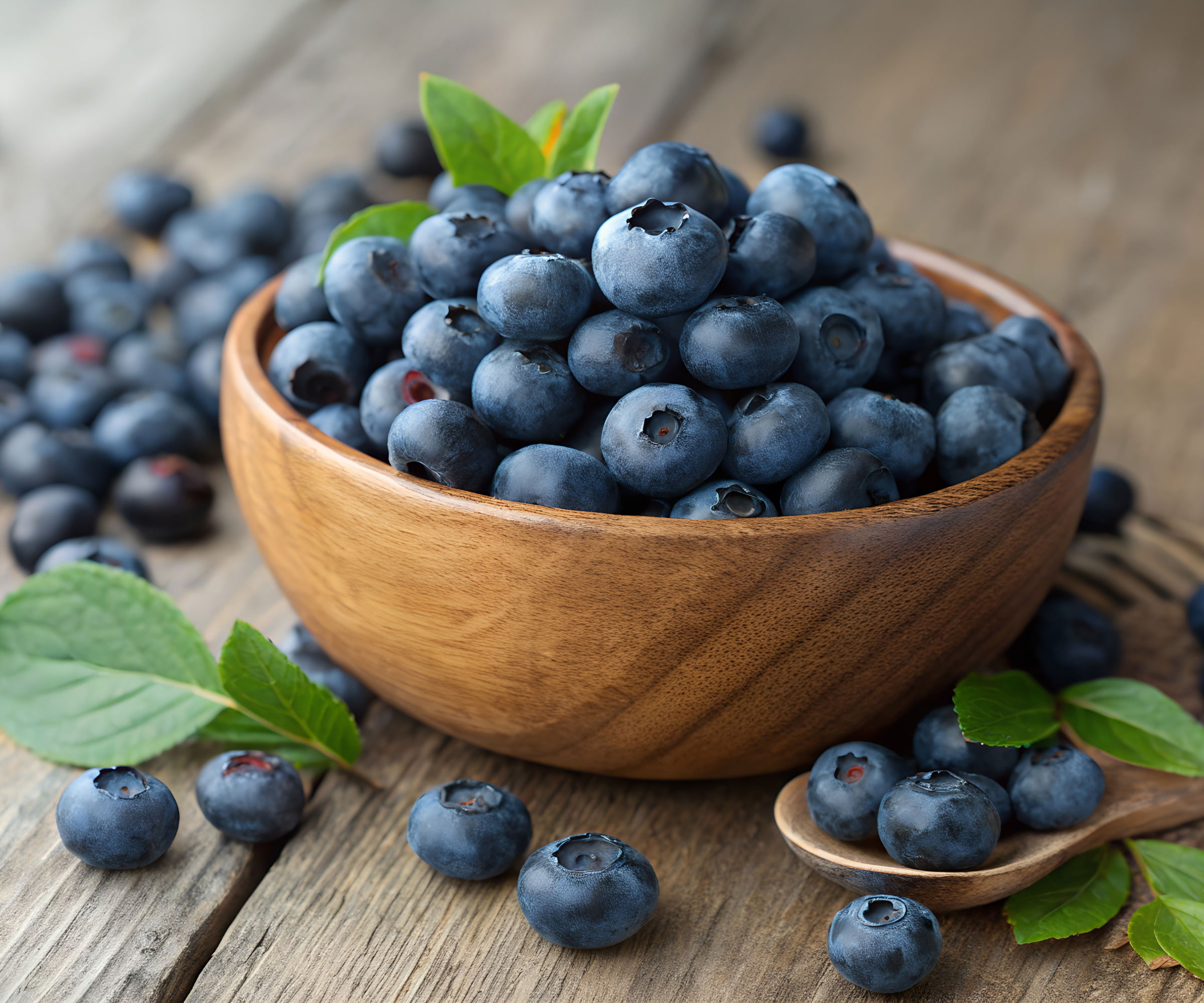 blueberry harvest in wooden bowl