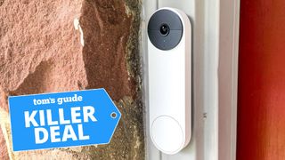 A photo of a Google Nest Doorbell mounted on a door.